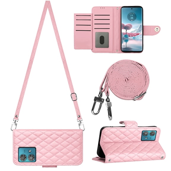 for Motorola Edge 40 Neo Wallet Case, Elegant Card Holder Cash Slot PU Leather Kickstand Shoulder Strap Shockproof Protective Flip Women Girls Case Cover for Moto G 5G 2023, Pink