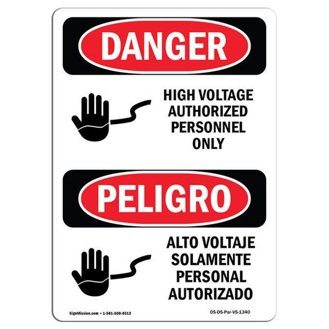 SignMission OS-DS-D-57-VS-1340 OSHA Danger Sign - High Voltage Authorized Personnel Bilingual