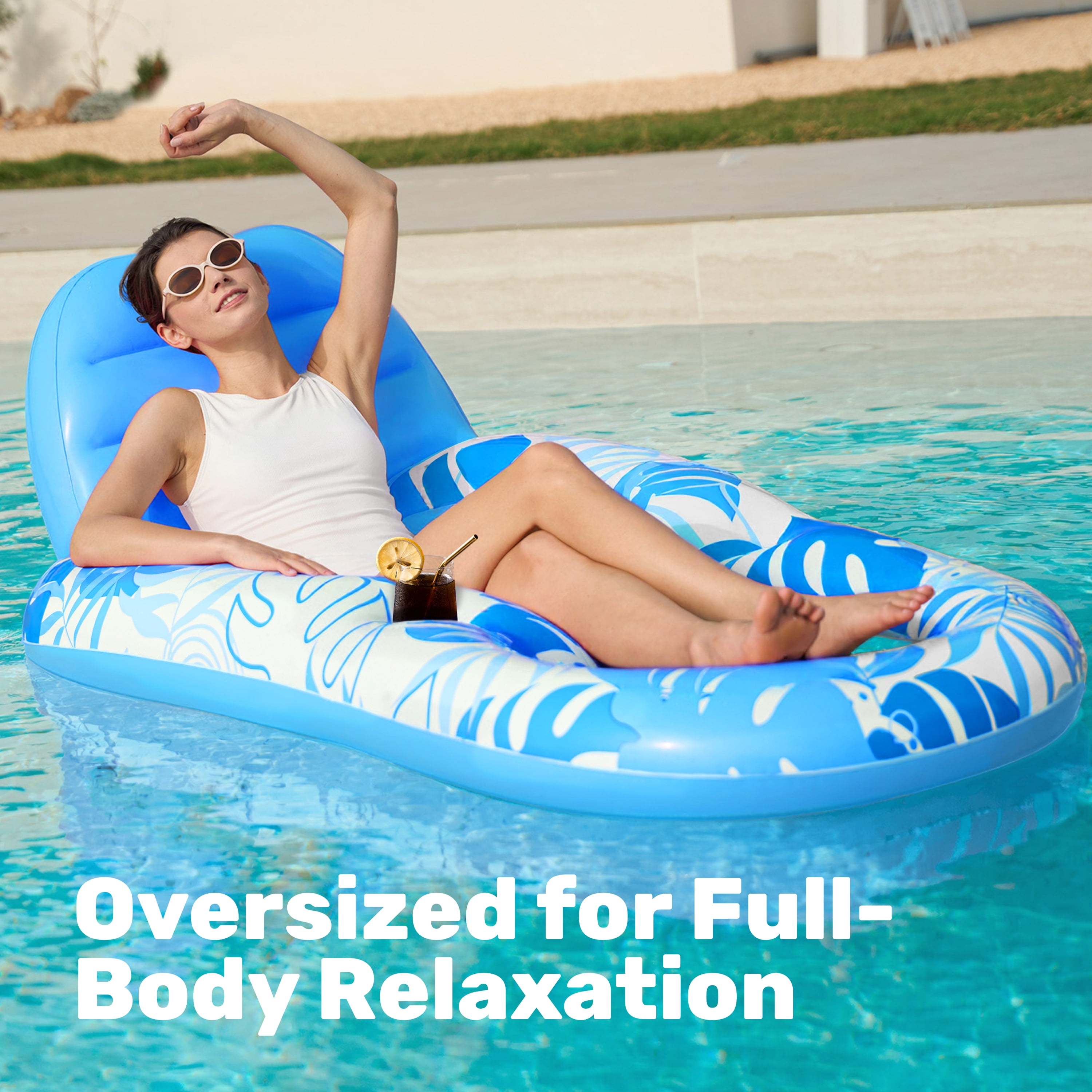 Joyfy Pool Lounge Float Adult, Inflatable Pool Floats Lounger Raft Floaties Water Floating Recliner Chair with Cup Holders Foot Rest Swimming Pool Floaty
