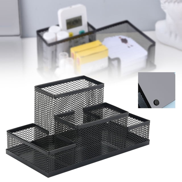 Desk Organizers, Heavy Duty Pen Holder for Desk, 4 Compartments Black Mesh Anti-Slip Pen Holder Storage for Office Desk Accessories, 8.03x4.09x3.81"