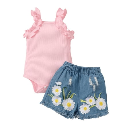 

Qtinghua Newborn Baby Girl Summer Outfit Sleeveles Straps Ribbed Romper Tops Casual Floral Denim Ripped Shorts Set