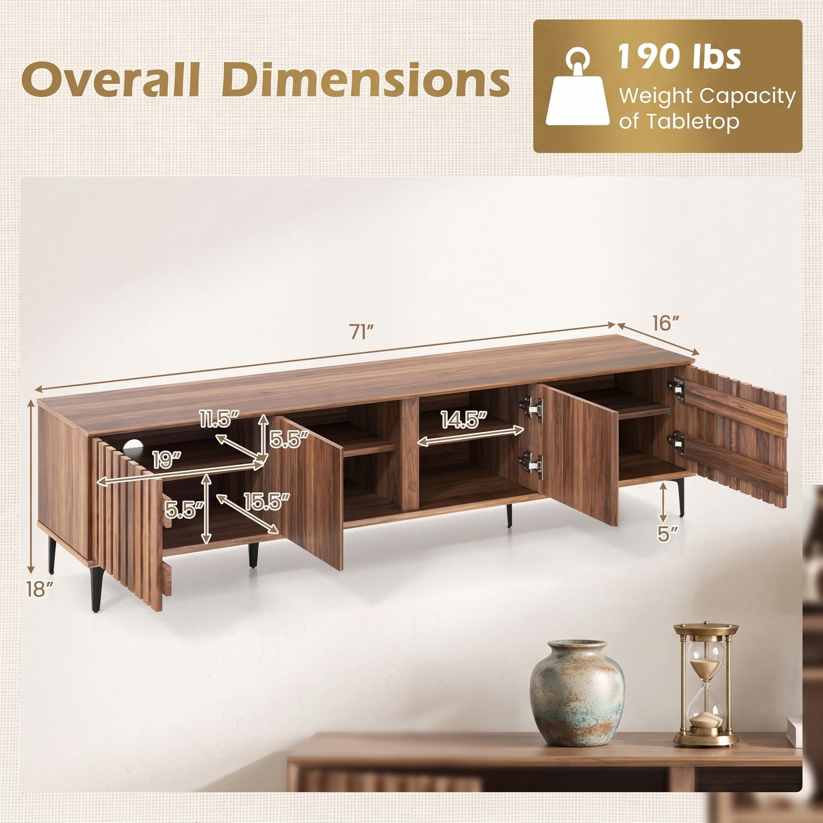 Furnibear Mid Century Modern Entertainment Center, 71 Inch TV Stand for TVs up to 80 Inch, Media Console with 4 Storage Cabinets and Slatted Doors, Wood TV, Walnut