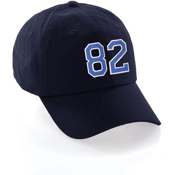 Customized Number Hat 00 to 99 Team Colors Baseball Cap, Navy Hat White Blue Number 82