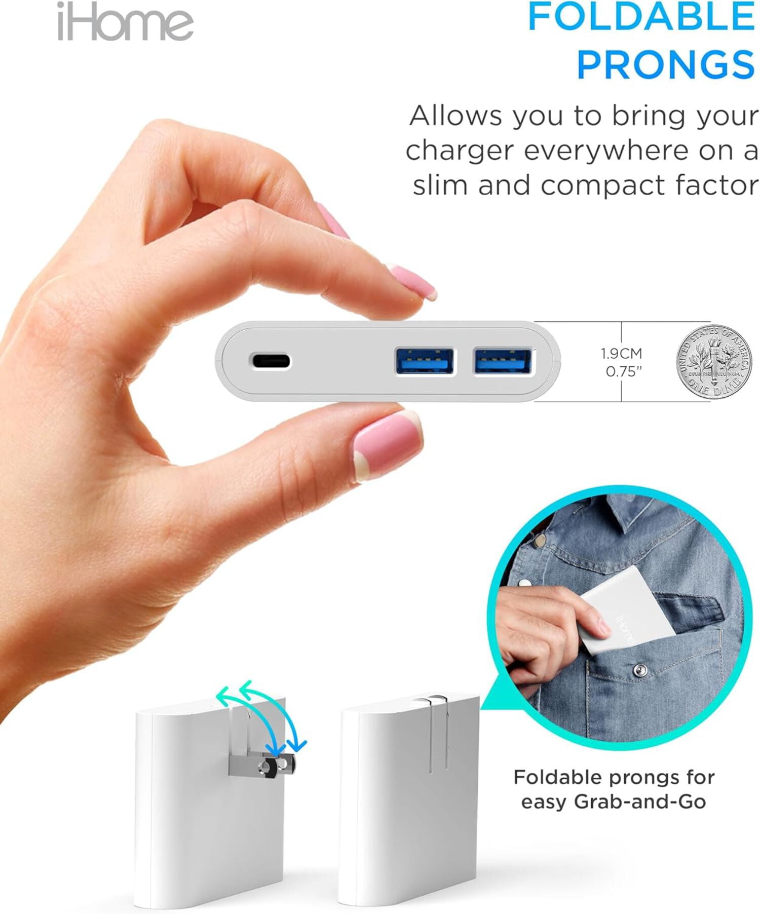 iHome 32W AC Pro Wall Charger, 3-Port (1 USB-C, 2 USB-A), Fast Charging, Universal Compatibility