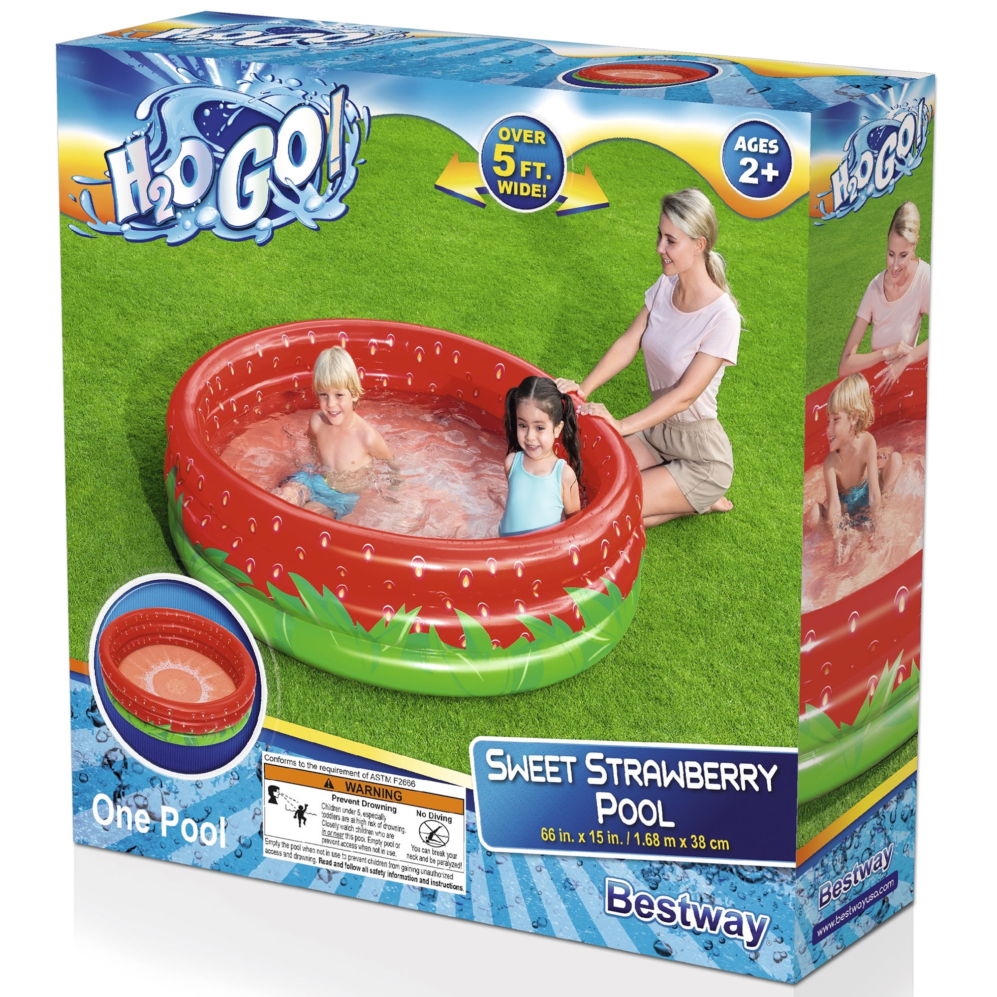Bestway: H2OGO!Sweet Strawberry Pool - 66" x H15" - Inflatable 3-Ring Play Pool, Kids,103 Gallon, Ages 2+