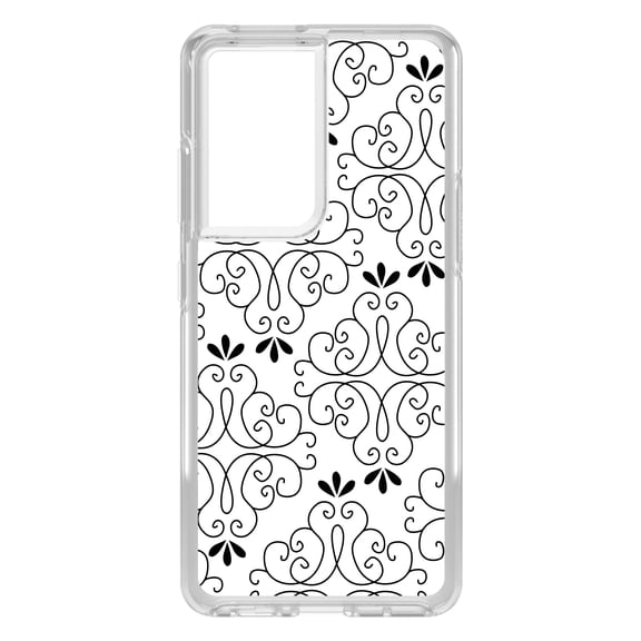 DistinctInk Clear Shockproof Hybrid Case for Galaxy S21 ULTRA 5G (6.8" Screen) - TPU Bumper, Acrylic Back, Tempered Glass Screen Protector - Black White Floral Pattern