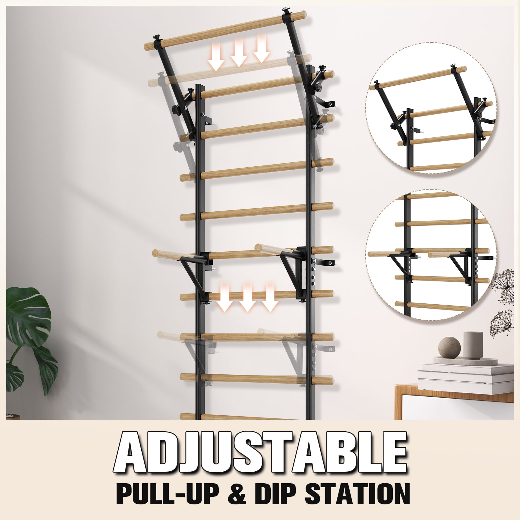 FiitDavz Swedish Ladder Wall Gym, Wooden Stall Bar with Pull-Up Bar and Dip Bar, Adjustable, 300 lb Capacity