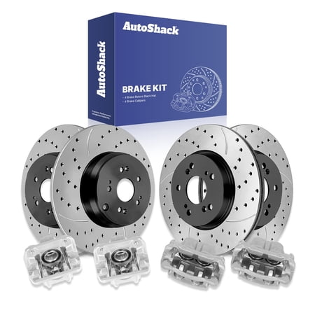 AutoShack Front & Rear Brake Rotors & Calipers for Honda, CR-V 2007-2016, AWD 4WD FWD L4 2.4L - E-Coated Drilled & Slotted - ShadowGuard