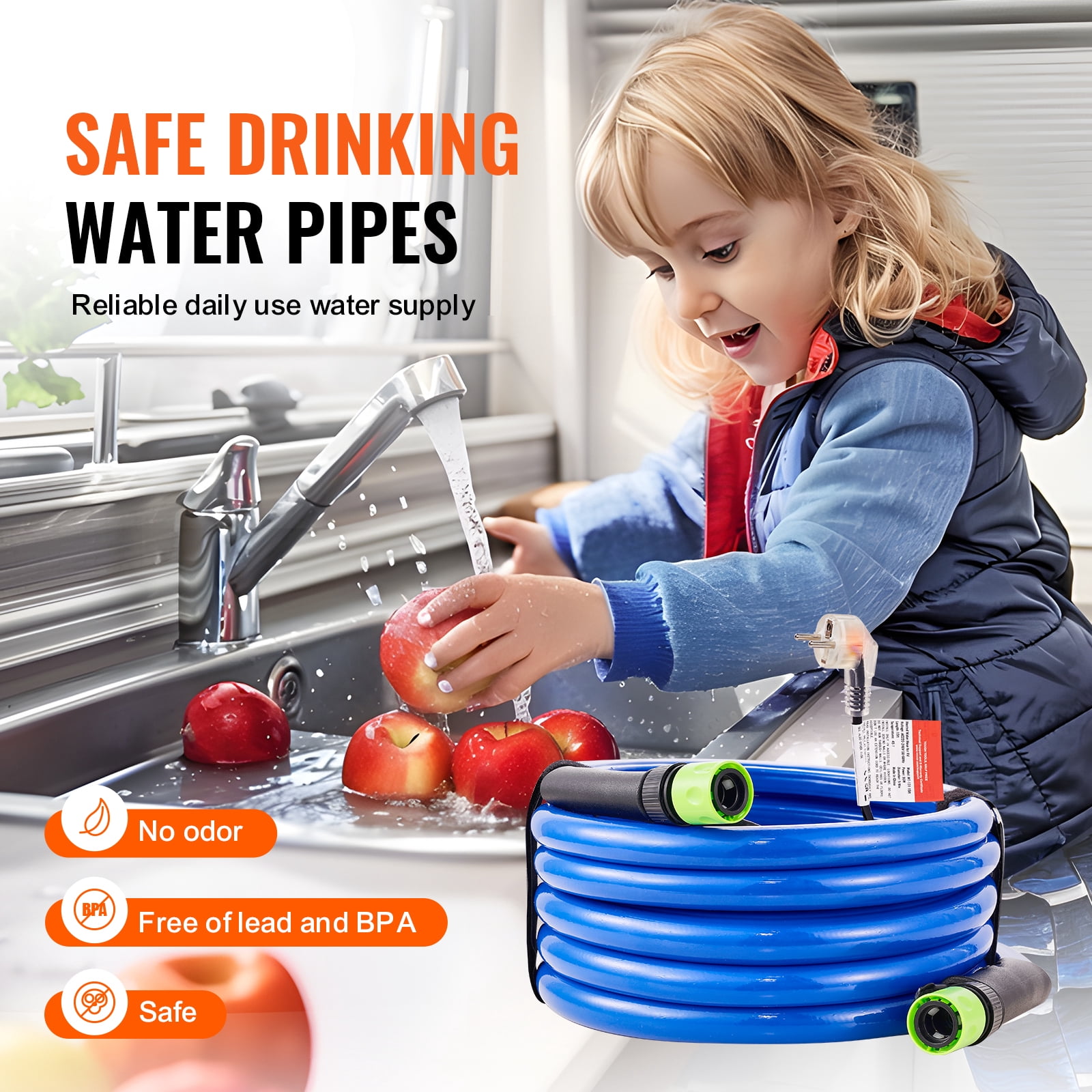 KFFKFF 15ft RV Heated Water Hose, Prevents Freezing Down to -45°F, Self-Regulating, 5/8" Inner Diameter with 3/4" GHT Adapter, Free from Lead and BPA