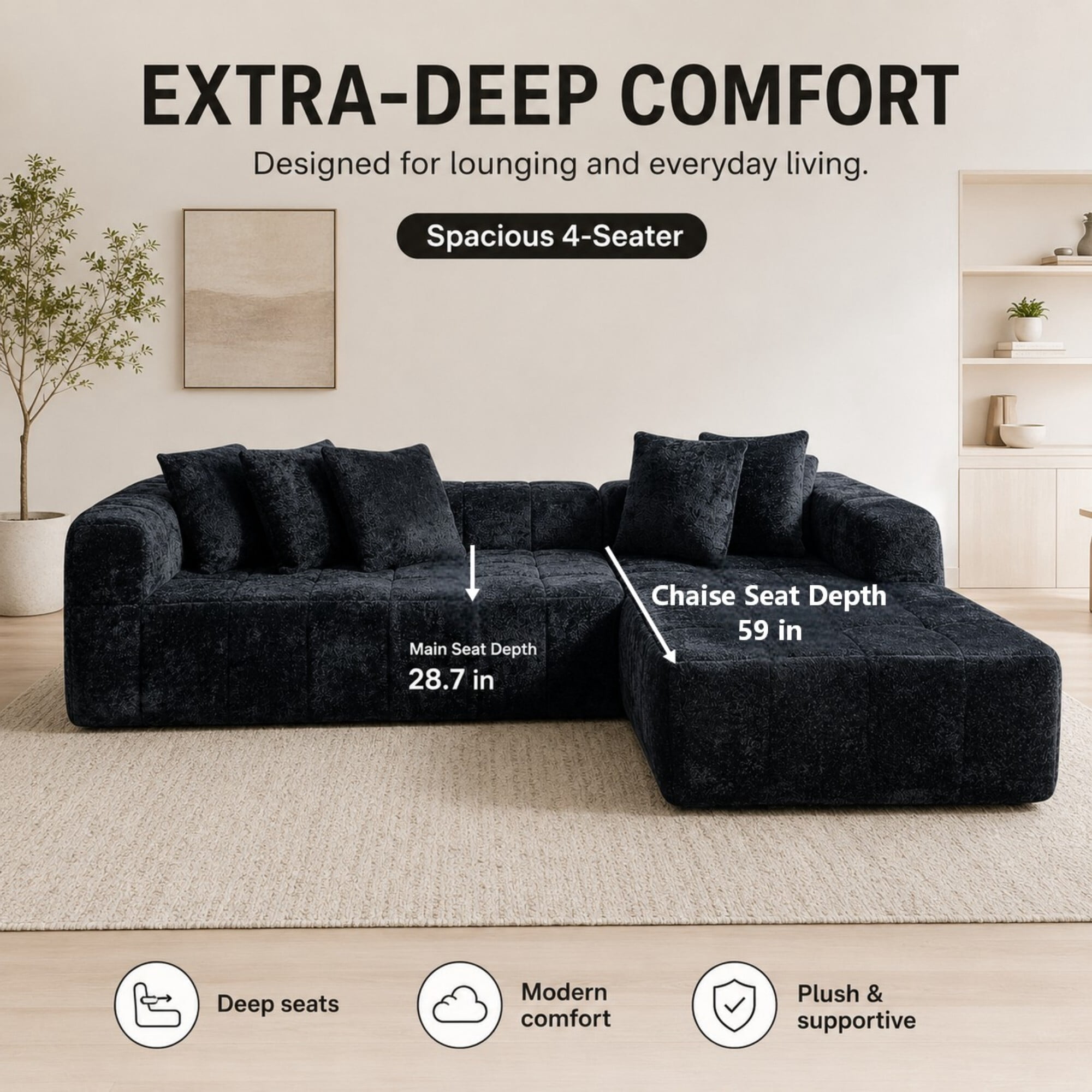 DEALTOPS 108" Cloud Sectional Sofa, 4-Seat Boucle L-Shaped Couch, No Assembly, Black Right-Facing Chaise