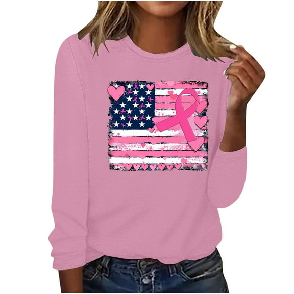 Luxalzxs Breast Cancer Awareness Tops for Women Cute Long Sleeve Pink Ribbon USA Flag Print Shirts Causal Crewneck Pullover Tops T Shirt Blouse