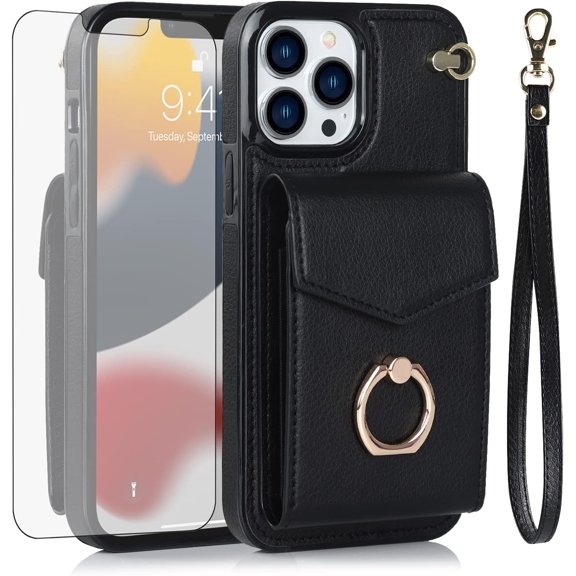 MYKOMI Phone Case for iPhone 13 Pro Max 2021 6.7 inch Wallet Cover with HD Screen Protector and RFID Ring Card Holder Cell iPhone13promax 5G i Phone13Max Plus iPhone13 ProMax Black