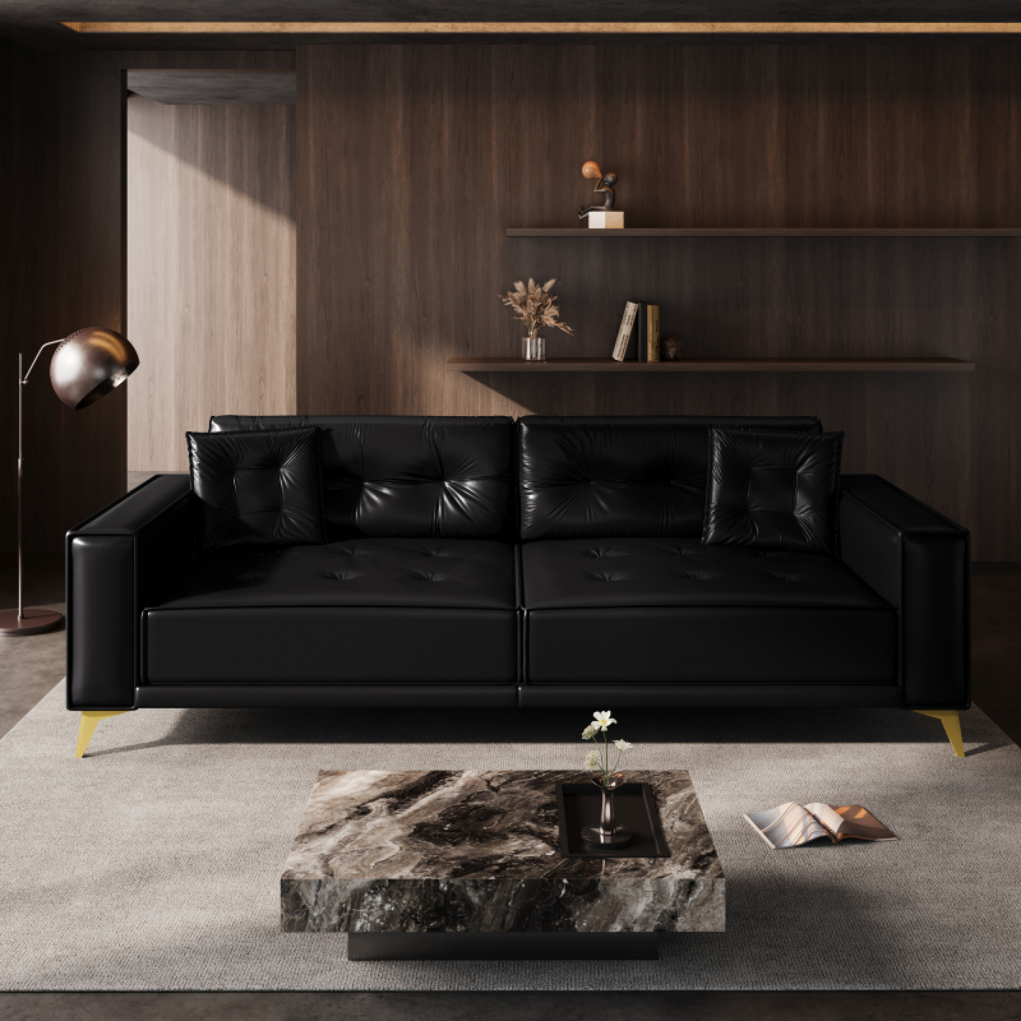 92.1" King Size Faux Leather Sleeper Sofa Bed - 3-in-1 Convertible Pull Out Couch, 4-Seater with Ultra Wide Armrests & Tufted Design, 2 Pillows Included for Living Room, Apartment, Office,Black