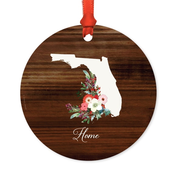 US State Round Metal Christmas Ornament, Rustic Wood with Florals Home, Florida, Includes Ribbon and Gift Bag