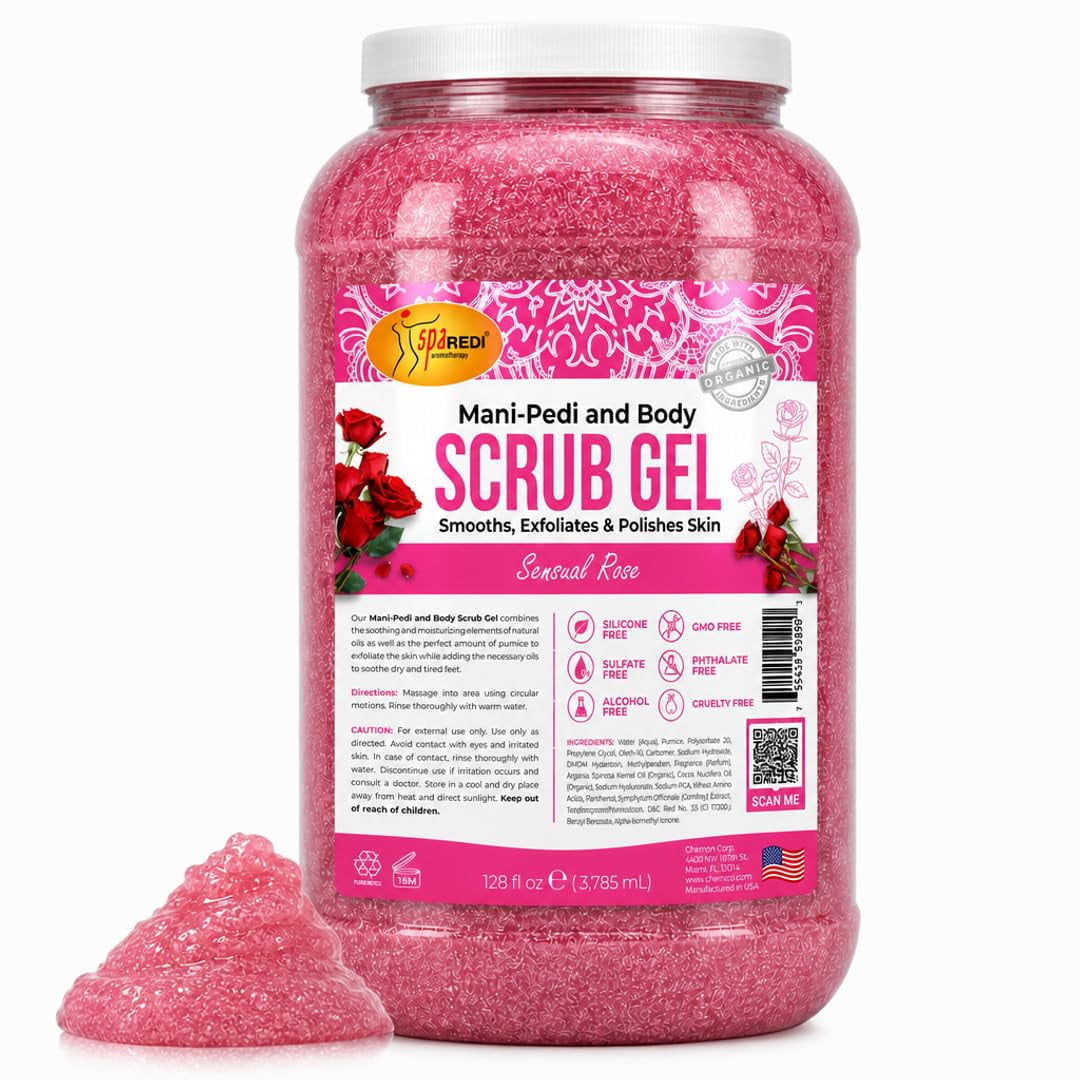 SPA REDI – Sensual Rose Pumice Scrub Gel, Exfoliating, Hydrating & Nourishing, Infused with Hyaluronic Acid, Amino Acids, Panthenol and Comfrey Extract for Glowy Smooth Skin – 128oz Gallon