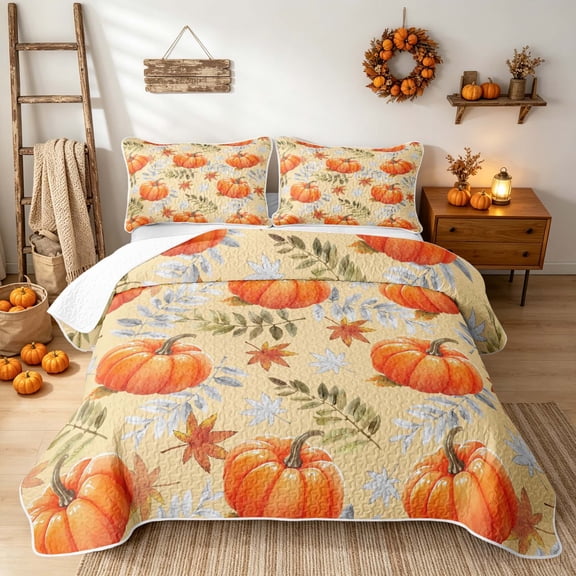 Erosebridal Hippie Harvest Pumpkin Twin Quilt Set, Botanical Maple Leaf Twin Coverlet Set for Boys Girls, Orange Pale Yellow, 2 Pieces 1 Bedspread and 1 Pillowcase