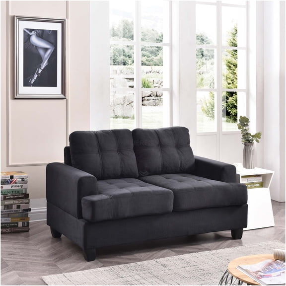 JERFIT Modern Loveseat Sofa for Small Spaces, 2-Seater Couch with Saddle Arms, Black Microfiber Upholstery, Foam Cushioned Small Apartment Living Room Furniture