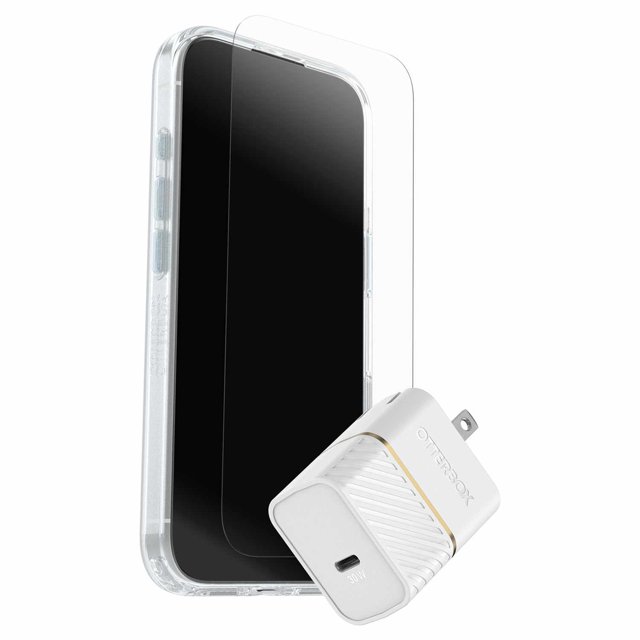 OtterBox Protection+Power Kit avec Étui MagSafe à Symétrie Claire pour iPhone 17 avec Bouton de Contrôle de Caméra Intégré, Protecteur d'Écran en Verre pour Résistance aux Bris et aux Empreintes Digitales, et Chargeur Mural GaN compact 30W Blanc avec Broches Pliables pour une Recharge Efficace.
