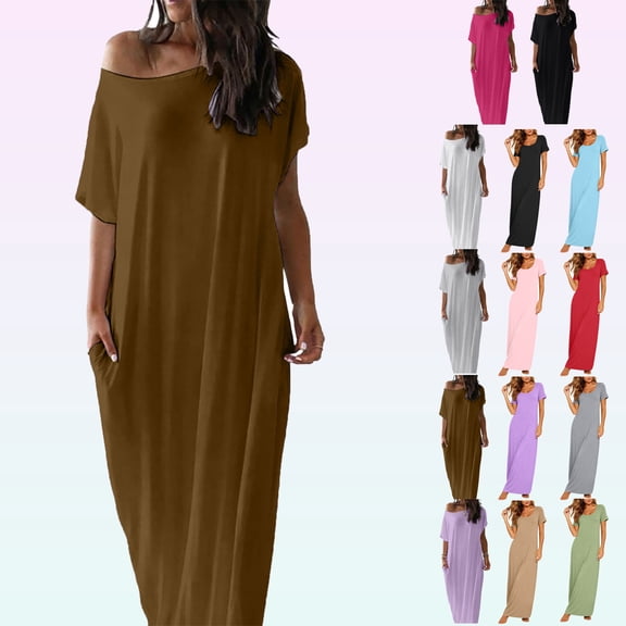 Bmawag Dresses for Women Plus Size Crew Neck Solid Color Short Sleeve Summer Casual Comfortable Beach Vacation Maxi Dress