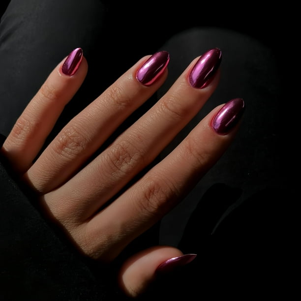 Uñas Postizas Cromadas De Color Rosa Purpúreo, Uñas Medianas De Almendra, Uñas Metálicas, Pegamento, Uñas Acrílicas, Uñas Postizas Para Mujeres, Uñas Postizas Gruesas Y Brillantes, Pegamento En Uñas,
