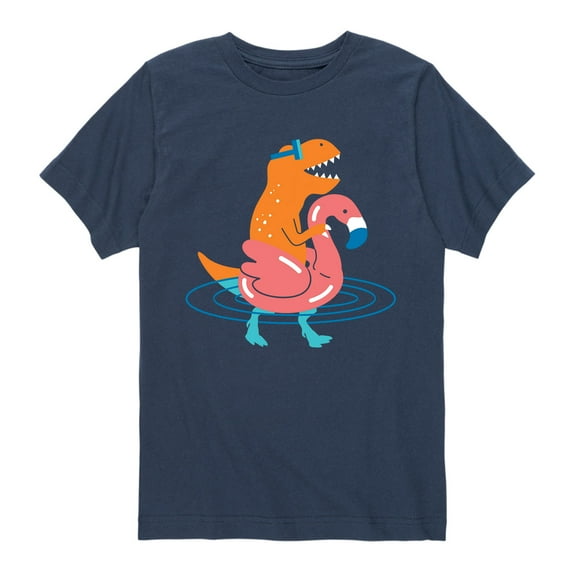 Instant Message - Dinosaur With Flamingo Floatie - Boys Short Sleeve T-Shirt