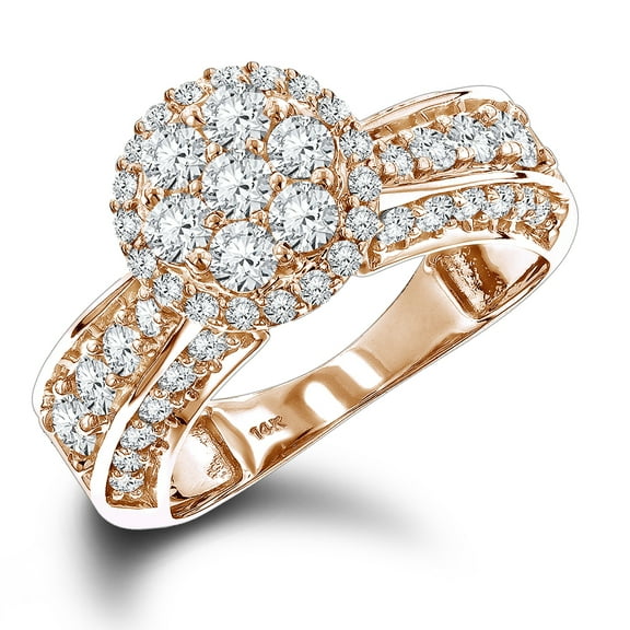 Ladies Diamond Rings 14K Cluster Design Natural 1.6 Ctw Diamond Ring (Rose Gold Size 7)