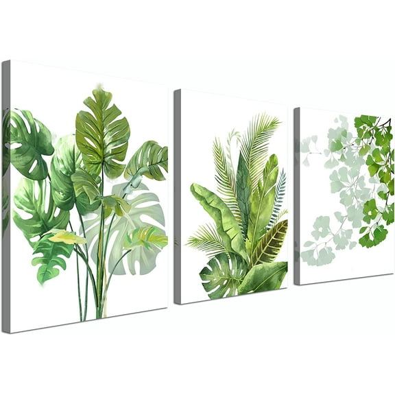 Green Leaf Wall Art Nature Plants Canvas Minimalist Leaves Prints Botanical Picture Tropical Floral Painting Artwork Framed for Bathroom Living Room Bedroom Office Home Decor 12"x16"x3