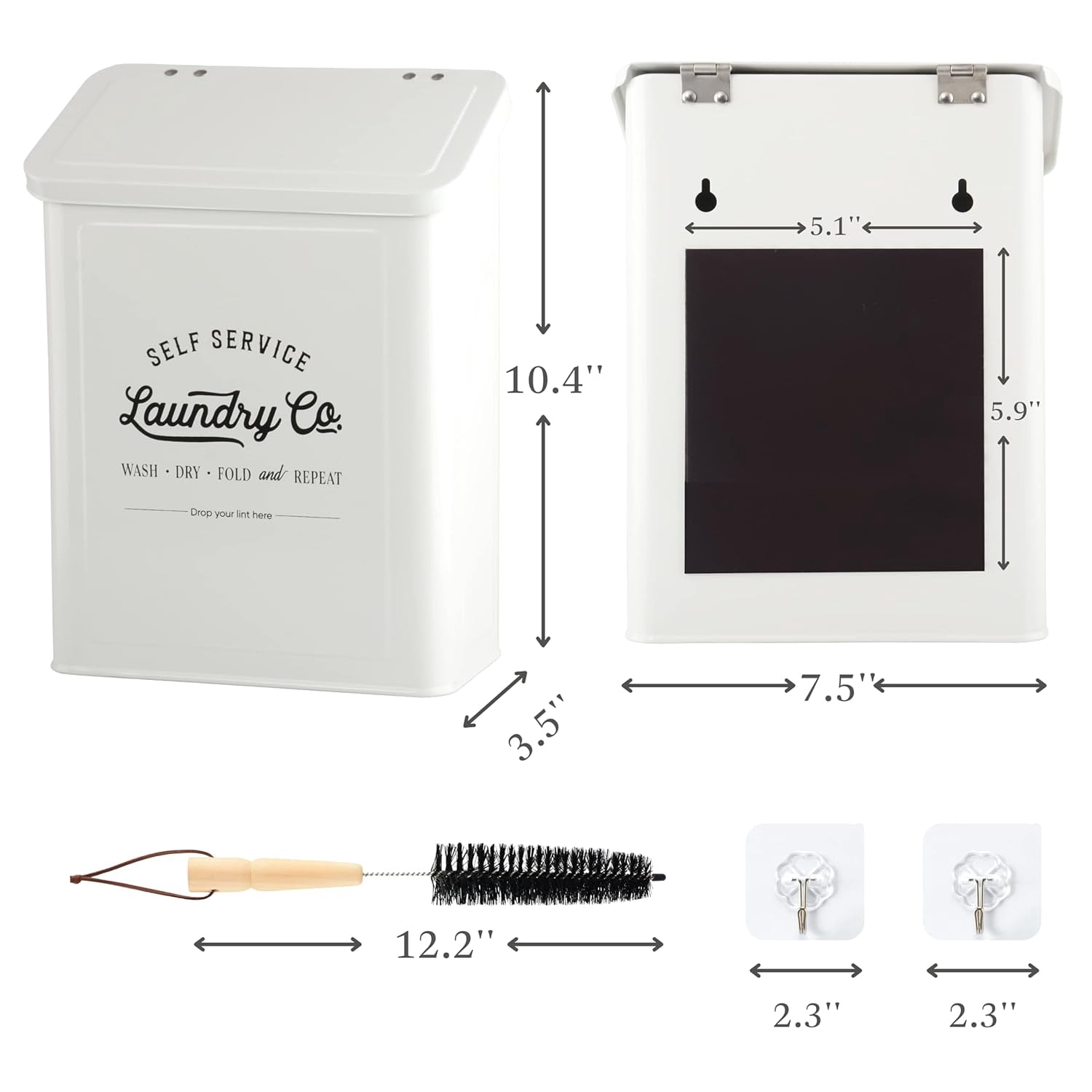Magnetic Lint Bin for Laundry Room, Metal Trash Can with Lid Dryer, Farmhouse Holder, Co Sign, Room Storage Decor Dryer Brush(White)