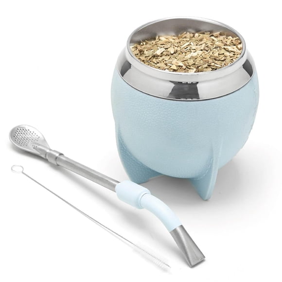 BALIBETOV Juego de taza de yerba mate y bombilla, incluye calabaza de yerba mate de acero inoxidable, bombilla mate premium y cepillo de limpieza (Azul claro)