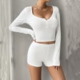 thumbnail image 2 of UYISJ Women 2 Piece Pajama Set Long Sleeve Button up Crop Top and Slim Shorts Comfy Loungewear Sweatsuits Sleepwear PJ Set, 2 of 4