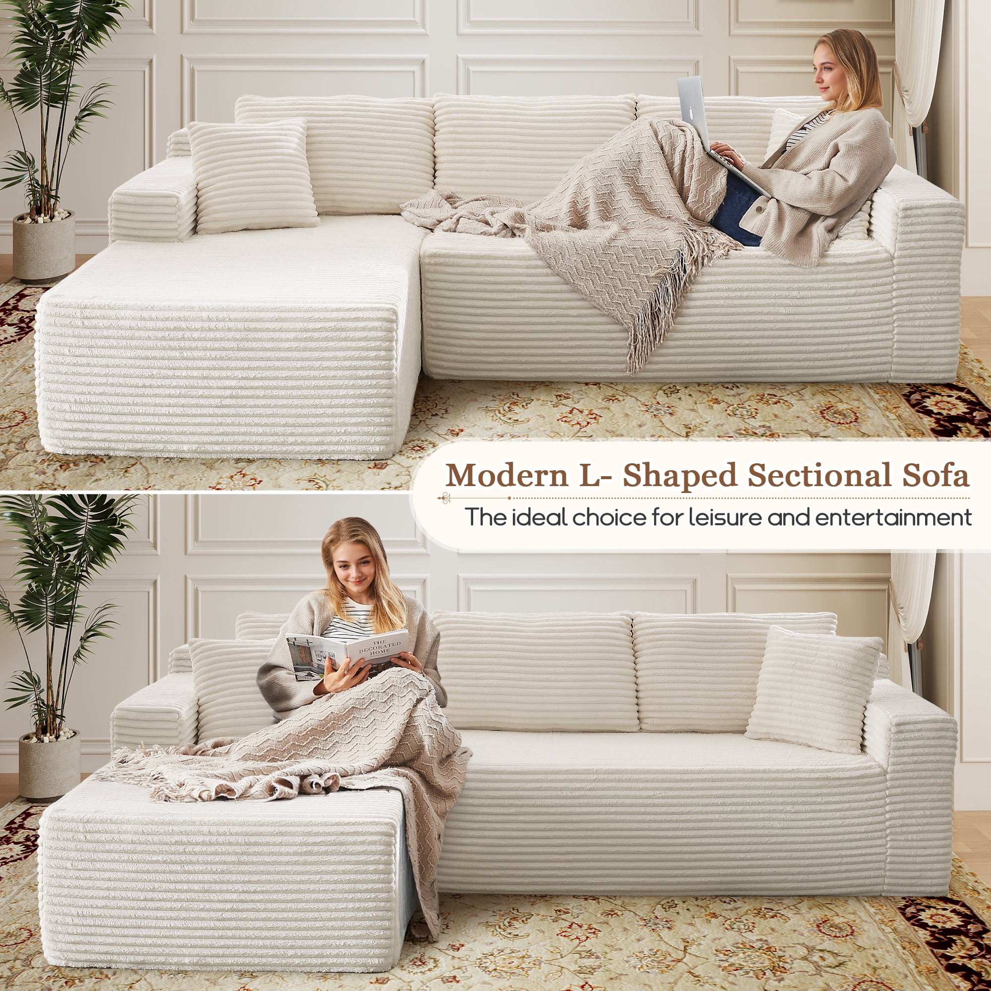 Muumblus Modular Sectional Sofa, Oversized L-Shape Cloud Couch, Modern Corduroy Sleeper Couches for Living Room, No Assembly Required, Beige White (Left Facing Chaise)