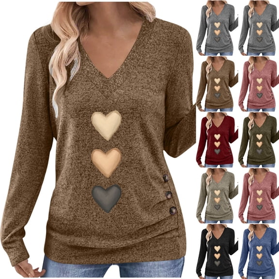 Feancey Women's V Neck T-Shirts Heart Printed Long Sleeve Tunic Tops Dressy Ruched Side Business Casual Blouse Velentine's Day Graphic Tees Army Green M