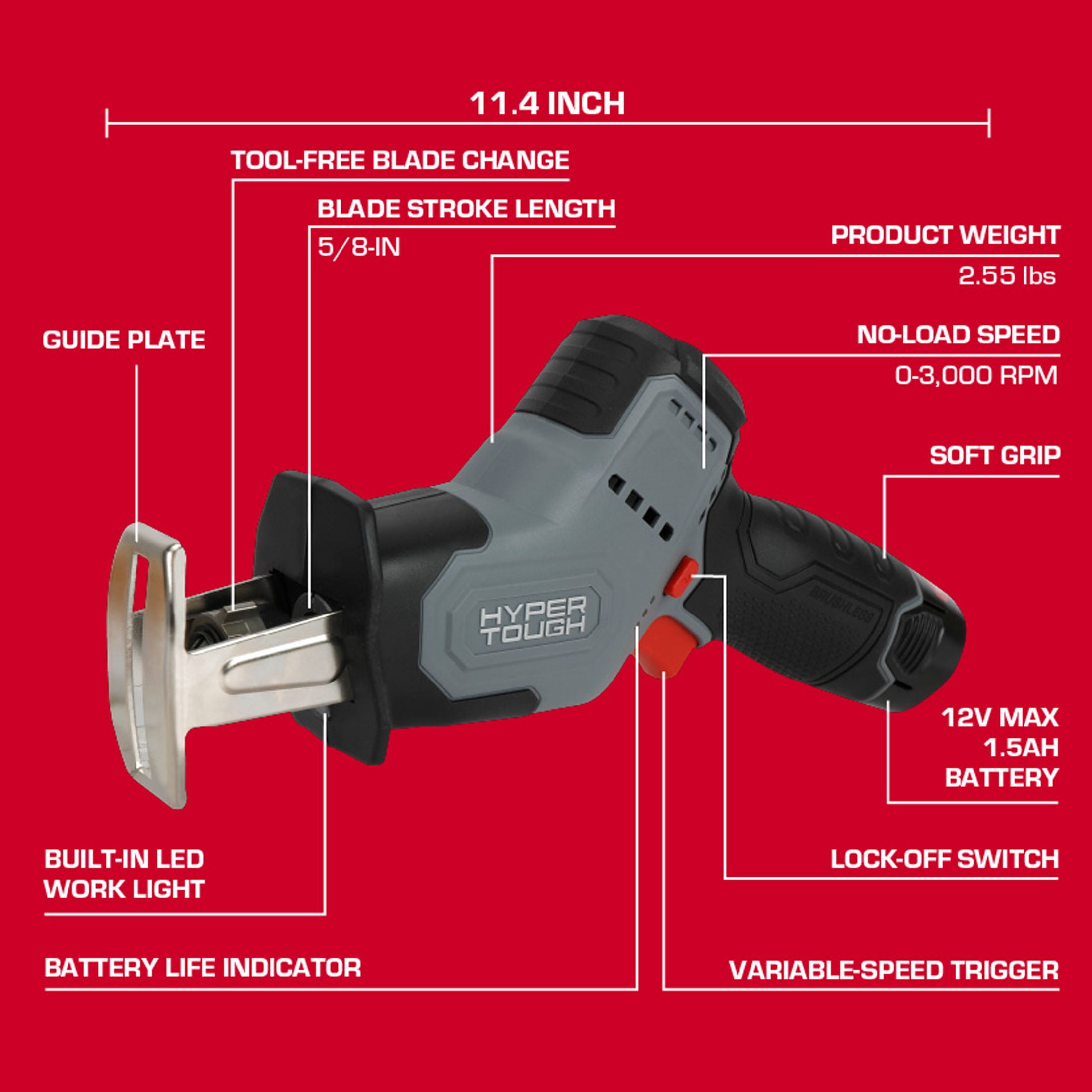 Hyper Tough 12V Brushless Cordless Reciprocating Saw with 1.5Ah Battery