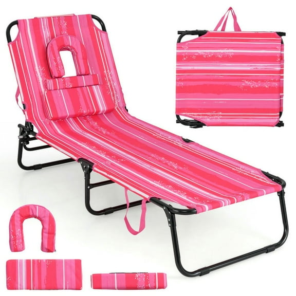 GVN Chaise Lounge Outdoor, Lounge Chair Outdoor,Beach Chaise Lounge Chair with Face Hole and Removable Pillow-Hot Pink
