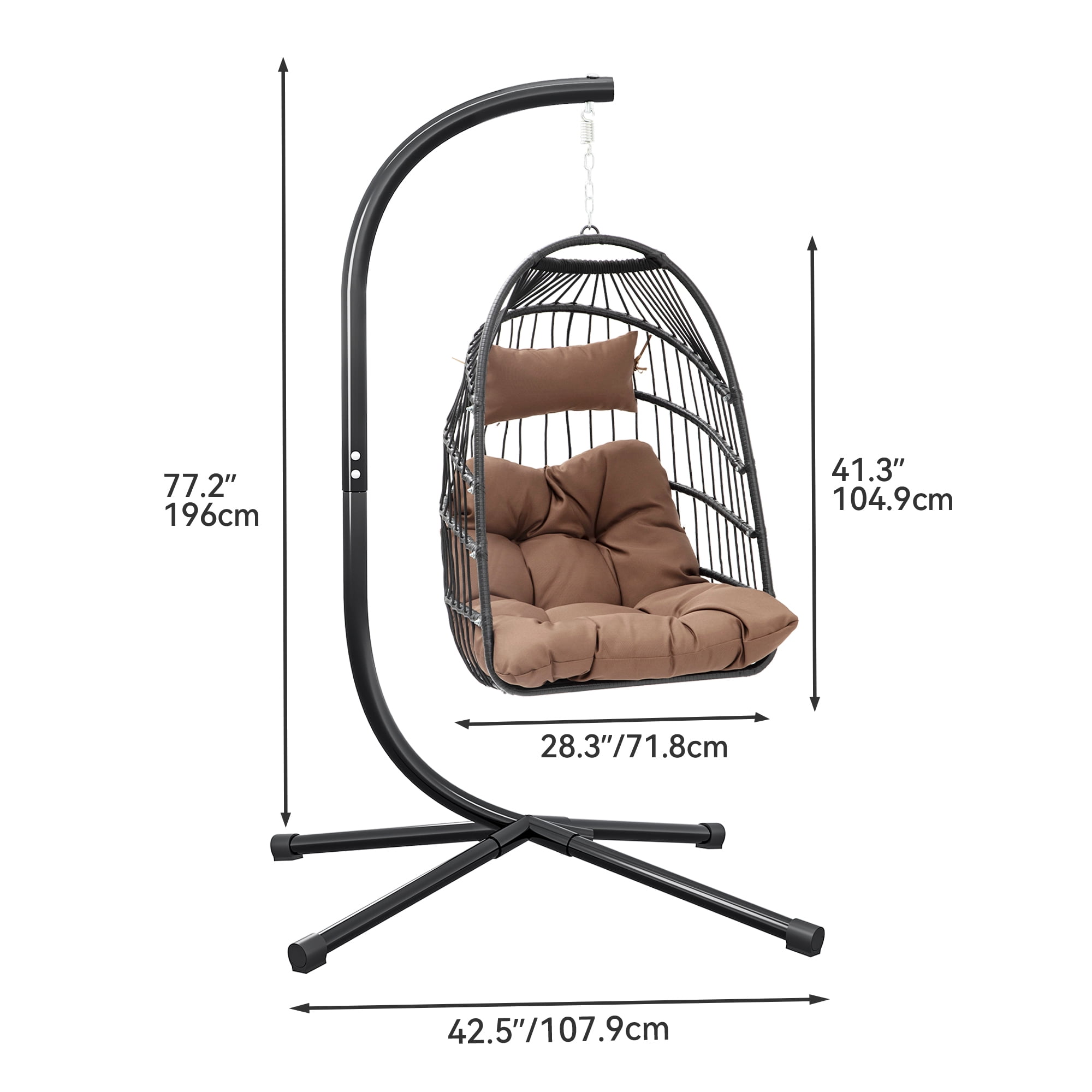 Dextrus Hanging Egg Swing Chair Outdoor Wicker Hammock Chairs Indoor with Steel Stand UV Resistant Cushion 350lbs for Patio, Bedroom, Garden and Balcony, Brown