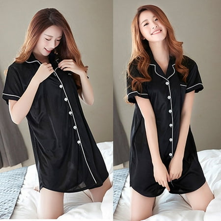 

Women Summer Home Button Down Solid Satin Pajama Short Sleeve Dress Sleepwear Fragarn
