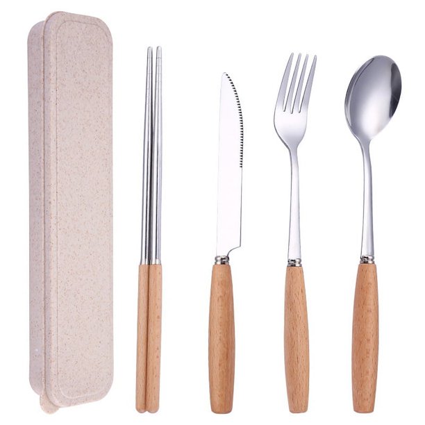 Juego de utensilios portátiles con estuche, 4 piezas, juego de cubiertos reutilizables con mango de madera, tenedor, cuchara, juego de utensilios de viaje portátiles de acero inoxidable para viajes,
