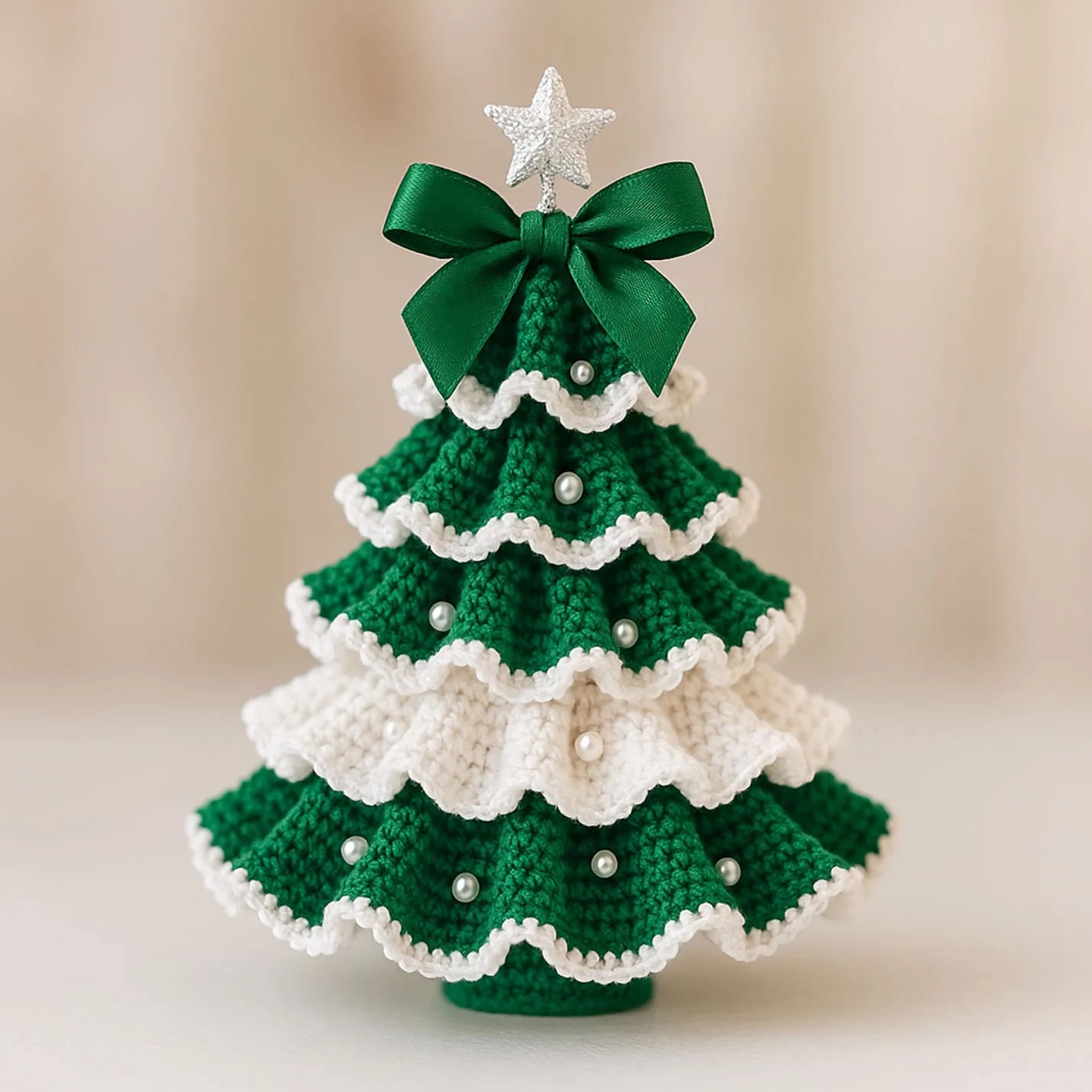 Dserhfy DIY Crochet Christmas Tree Kit Small Xmas Tree Craft Kit with Bow And Faux Pearl Handmade Holiday Decoration for Beginners