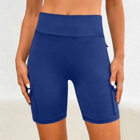 Oiangi Women's Workout Shorts Elastic High Waist Biker Shorts Skinny Multi-Pocket Active Shorts Blue S