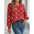 thumbnail image 3 of xiaxaixu Women's Sweaters Loose Knit Sweater Heart Pattern Long Lantern Sleeve Pullovers Spring Fall V-Neck Jumpers Streetwear, 3 of 8