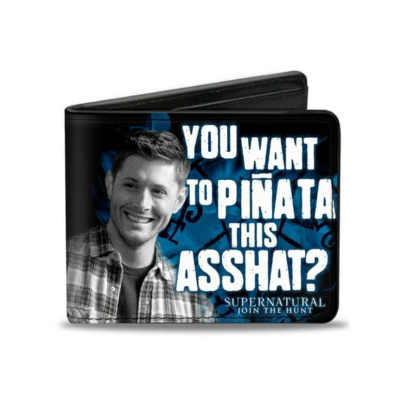 Supernatural Wallet, Bifold, Dean Pose You Want to Pinata This Asshat Black Blues Grays, Vegan Leather
