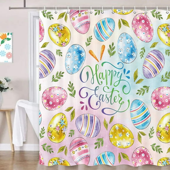 Easter Shower Curtain, Cute Watercolor Easter Eggs Shower Curtain for Bathroom, Colorful Spring Easter Fabric Bathtubs Decor Shower Curtain Set with Hooks with Hooks,70"X70"
