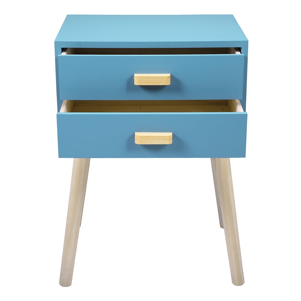 Kadyn Mid-Century Side Table, 2-Drawer Nightstand, Accent or End Table with Storage, Wood, Blue-1PCS
