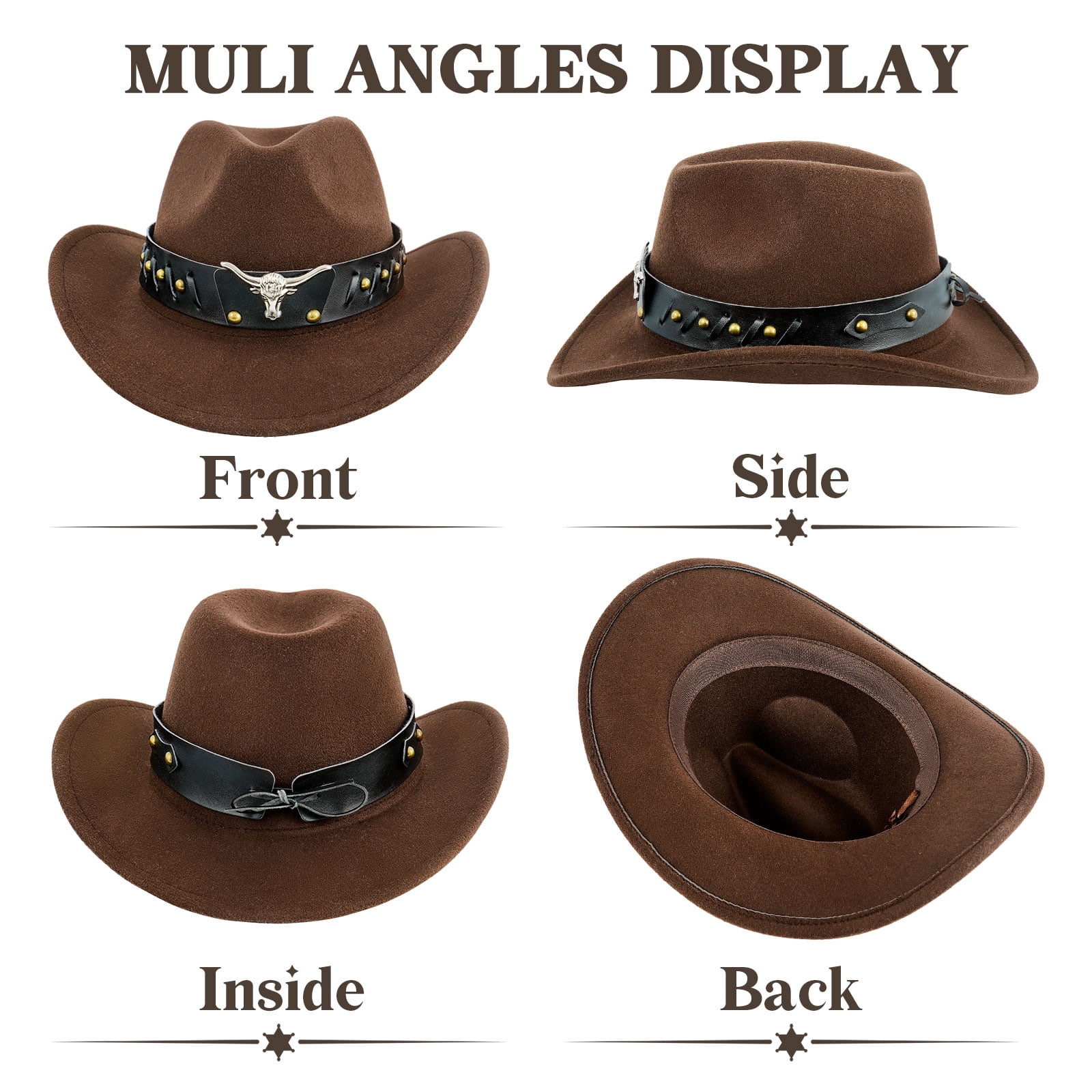 1545 Cowboy Hat For Women Men With Wide Brim Western Set With Black Bandana Wowstyle Brown Cowboy Hat, Unisex Felt Wide Brim Fedora with  main image 3