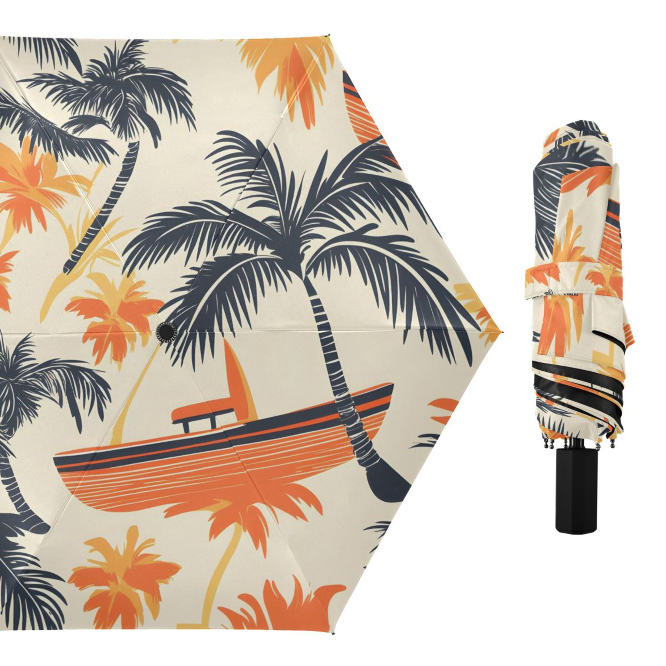 ALAZA Tropical Tree Boats UPF 50+ Compact Folding Umbrella for Rain Travel Umbrella Packable