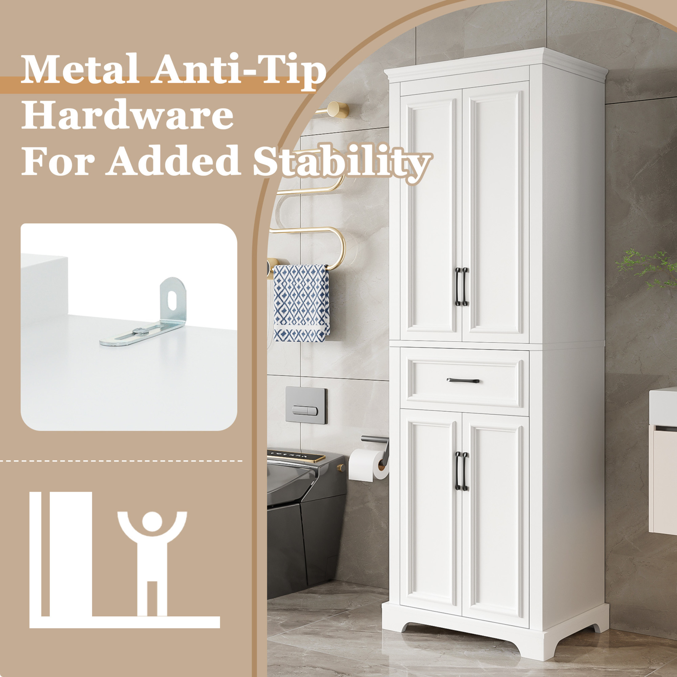 Noble House 70.8"H Freestanding Cabinet, 4 Doors 1 Drawer Space-Saving Storage with Adjustable Shelves, White