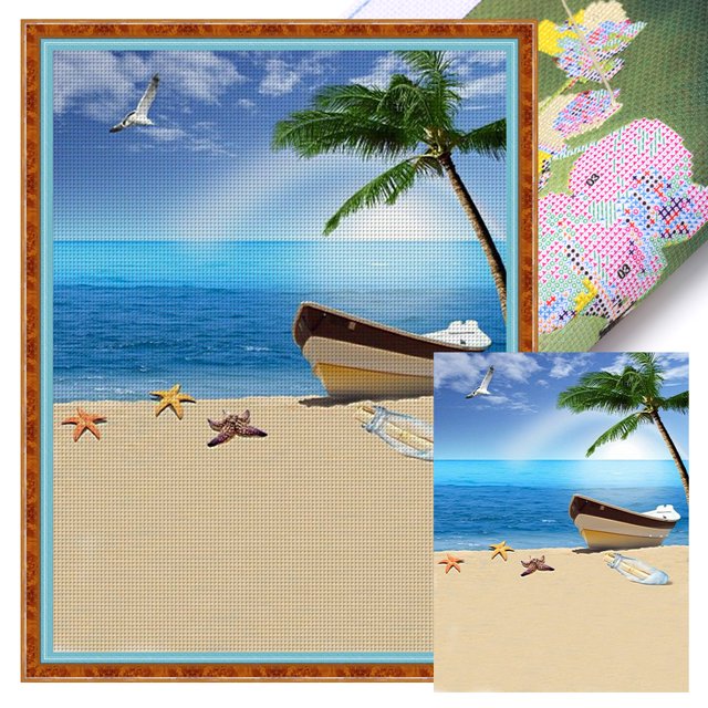 Kit Punto Cruz Playa Impreso Hilo Algodón Ecológico Bordado 11CT 40x53cm