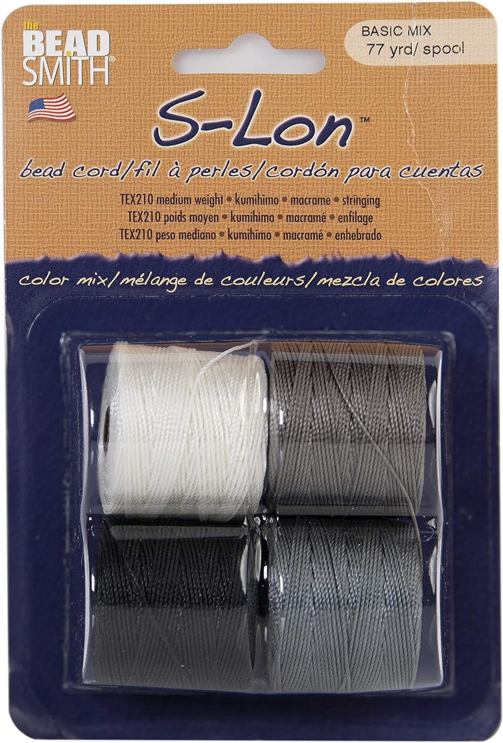 The Beadsmith S-Lon Bead Cord – .5 mm Nylon Cord, 4-Pack, Basic Mix, TEX210, 77 Yards