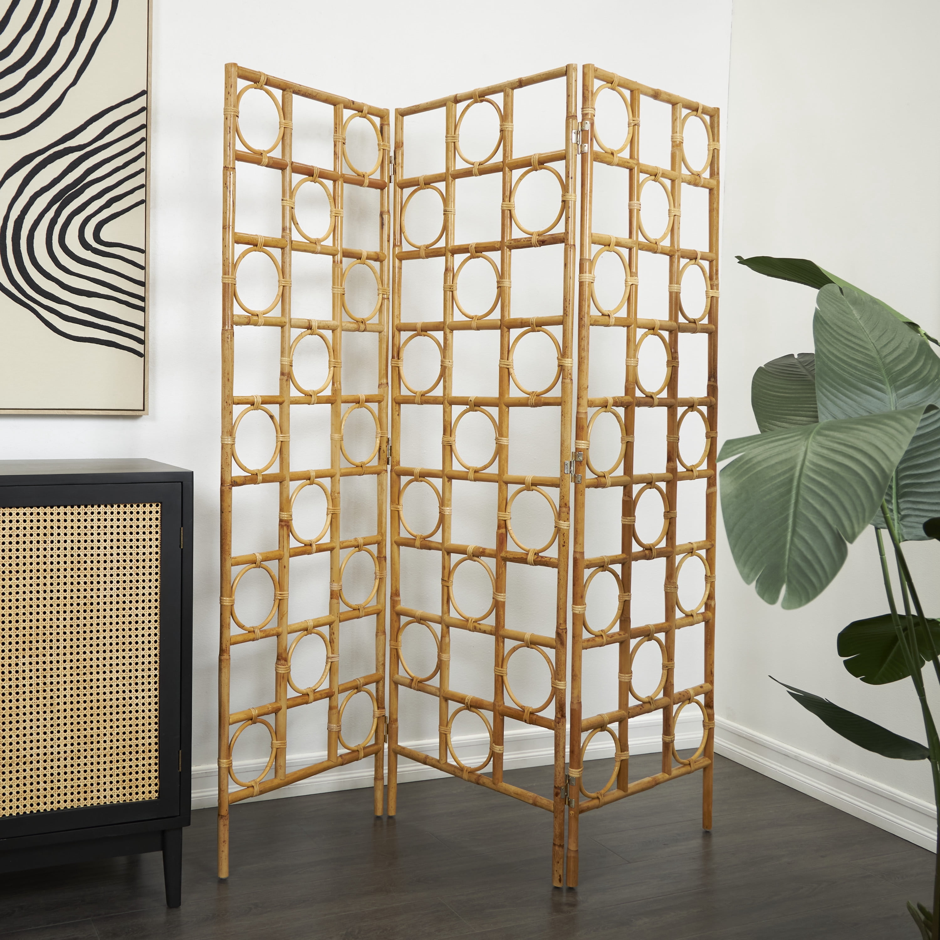 DecMode 61" x 71" Brown Rattan Geometric Handmade Woven Geometric 3 Panel Room Divider Screen with Open Frame Design, 1-Piece