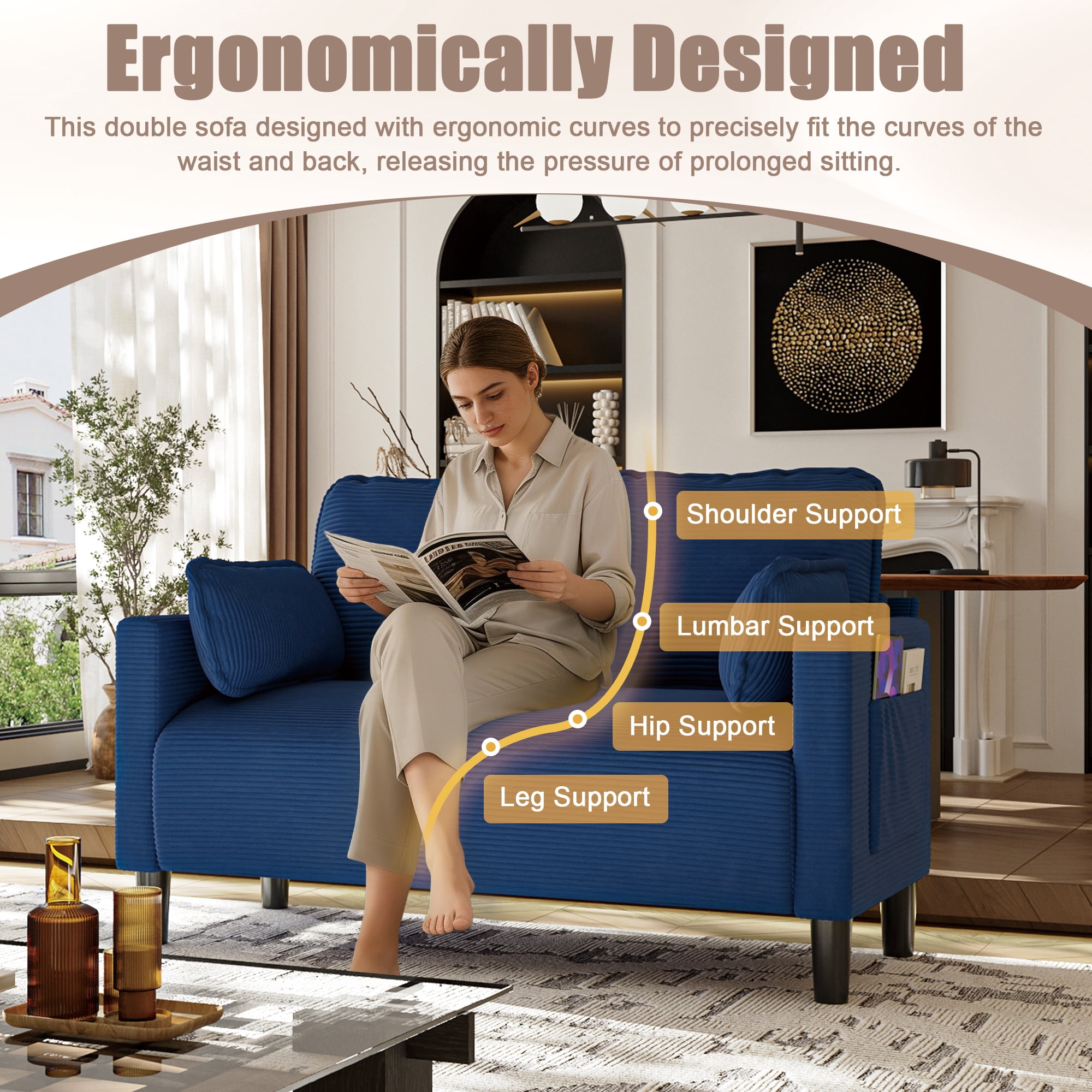 Leumius Corduroy Loveseat Couch,48" W Upholstered 2 Seater Sofa with Side Storage Pocket,Modern Small Sofa Couches for Small Spaces,Apartement,Blue